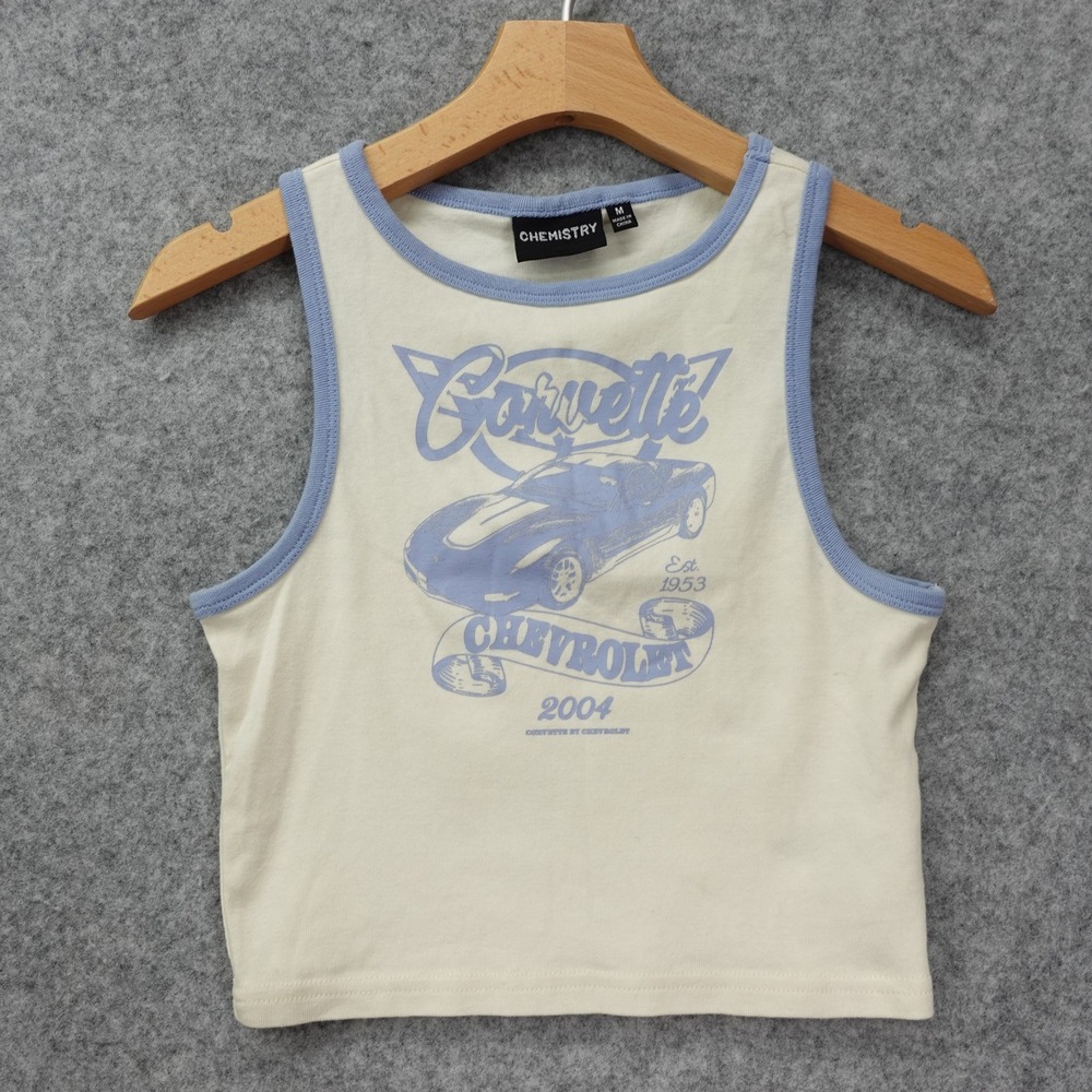 Corvette Chevrolet Crop Tank Top Women MEDIUM Blue Y2K Car Girl Baby Tee Ringer